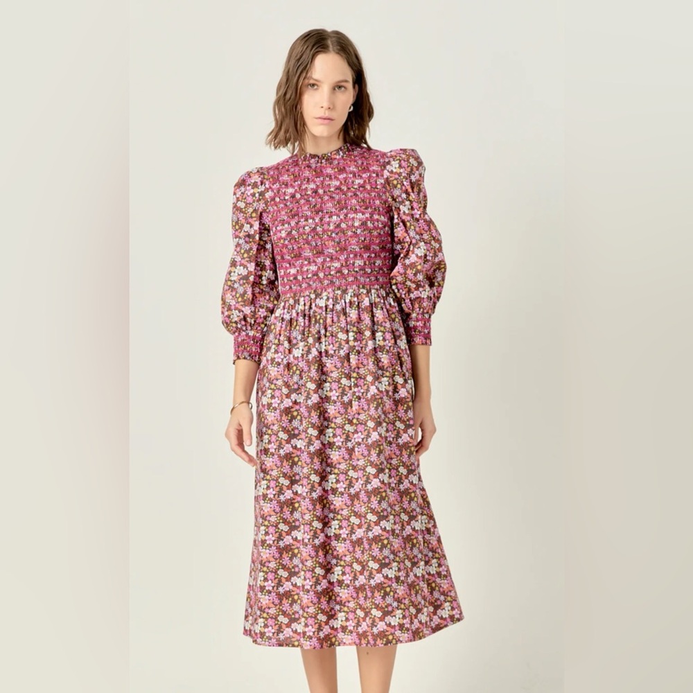 Pink Floral Smocked Midi Dress